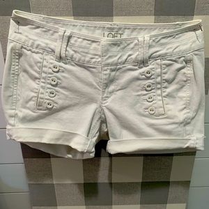 LOFT, White Jean shorts with button detail.